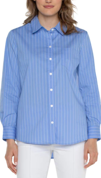 Liverpool Classic Fit Button - Light Blue White Pinstripe