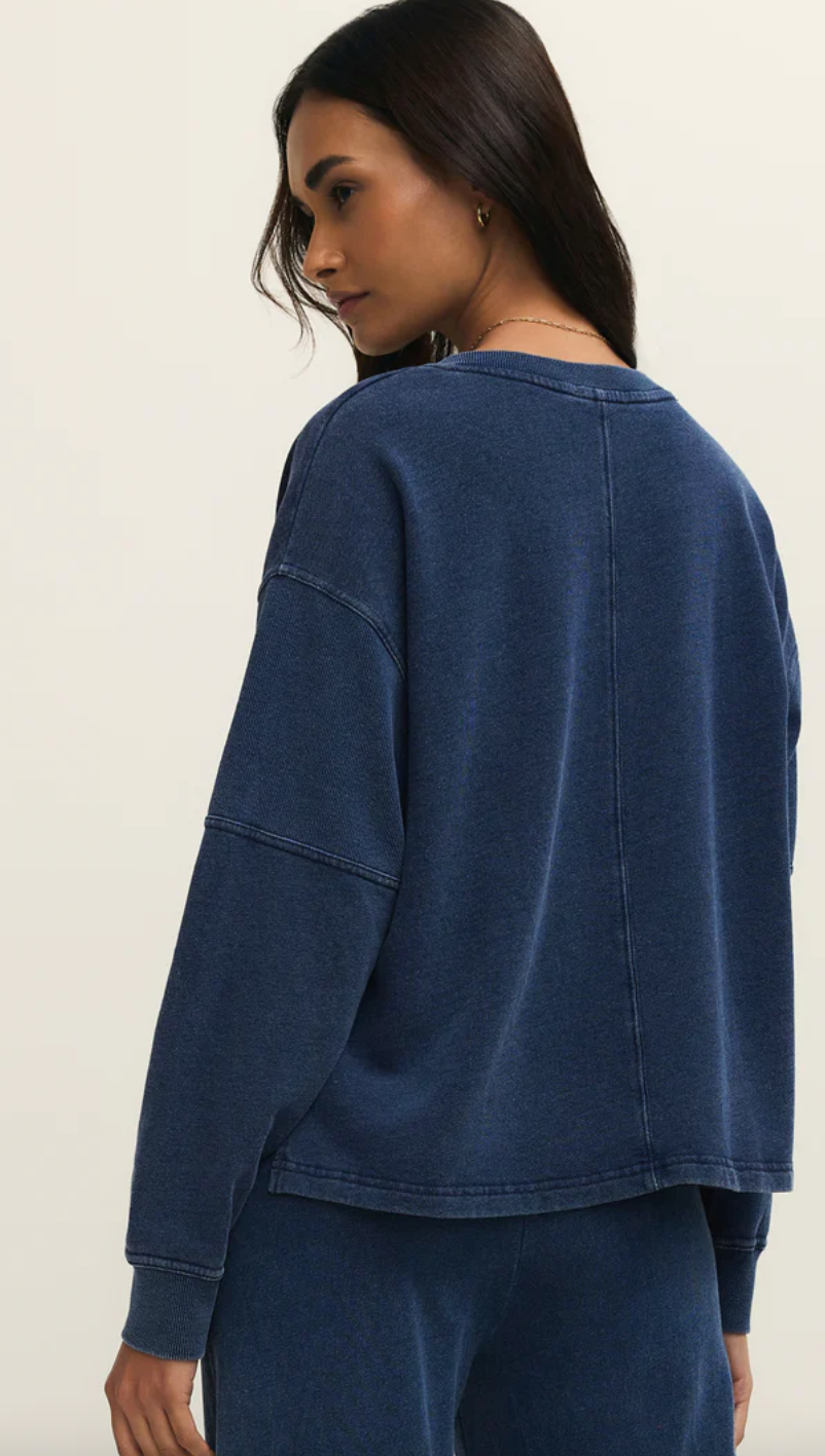 Z Supply Delphine Knit V-Neck Sweatshirt - Denim Indigo