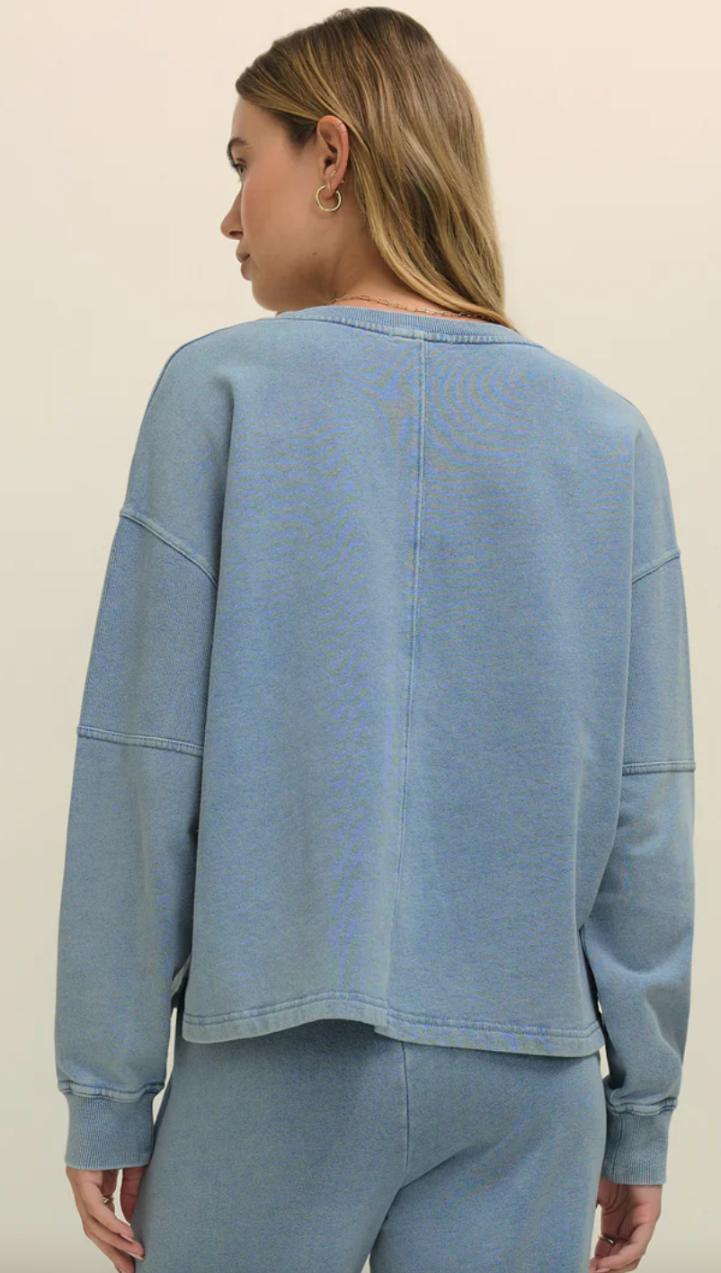 Z Supply Delphine Knit Denim V-Neck Sweatshirt - Ocean Air Indigo