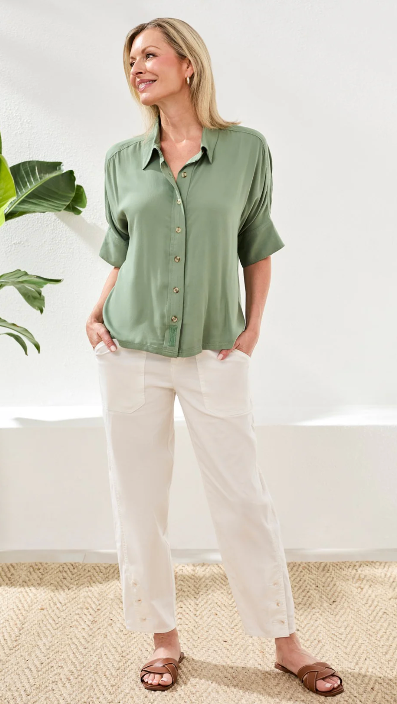 Tribal Soft Satin Drop Shoulder Blouse - Moss