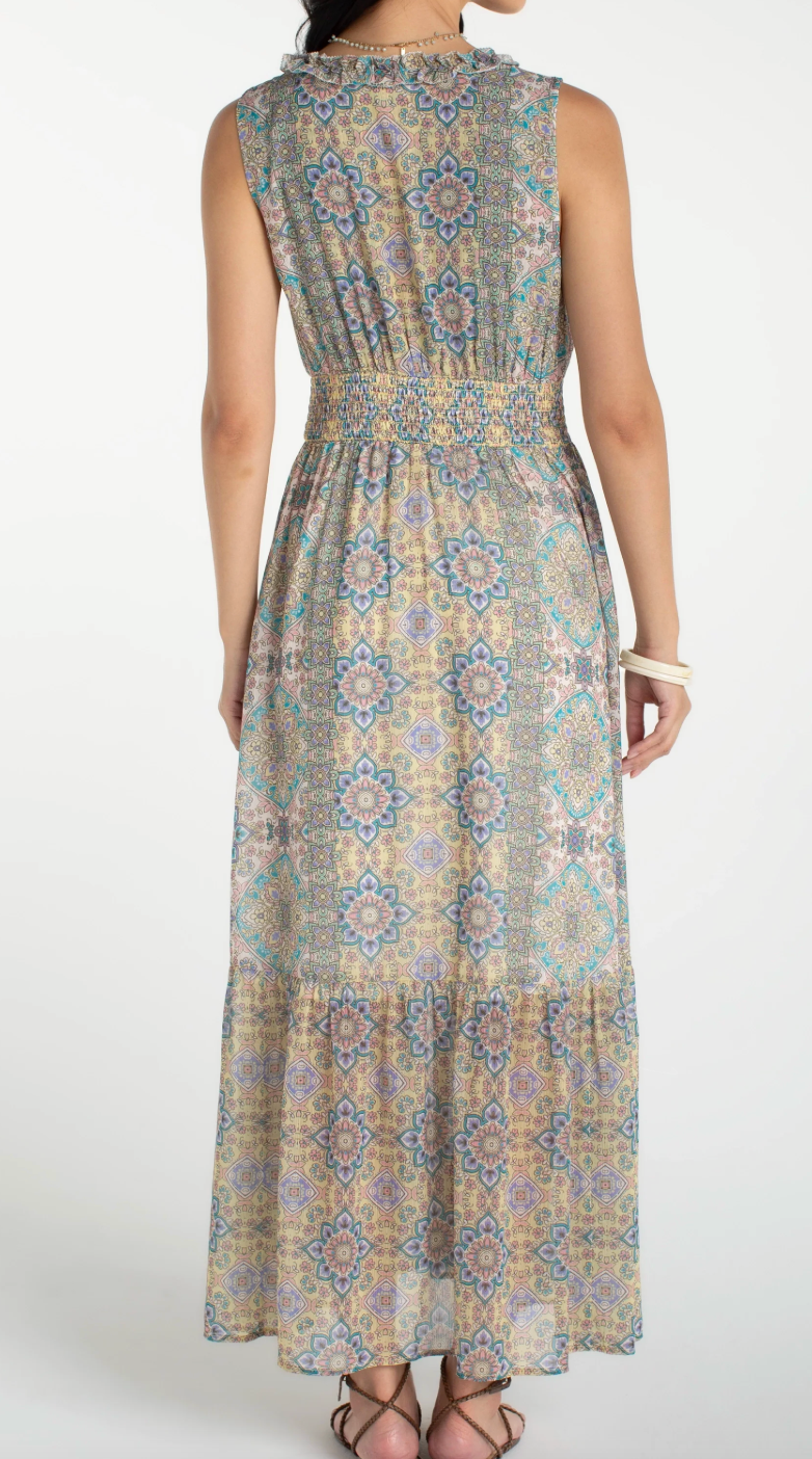 Liverpool Sleeveless Smocked Midi Dress - Citron Multi