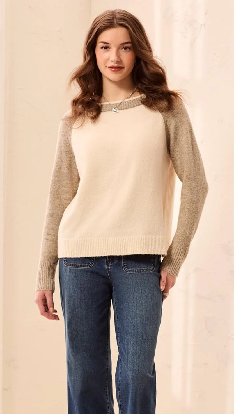 Tribal - Colorblock Raglan Sleeve Crew Neck Sweater Moonstone